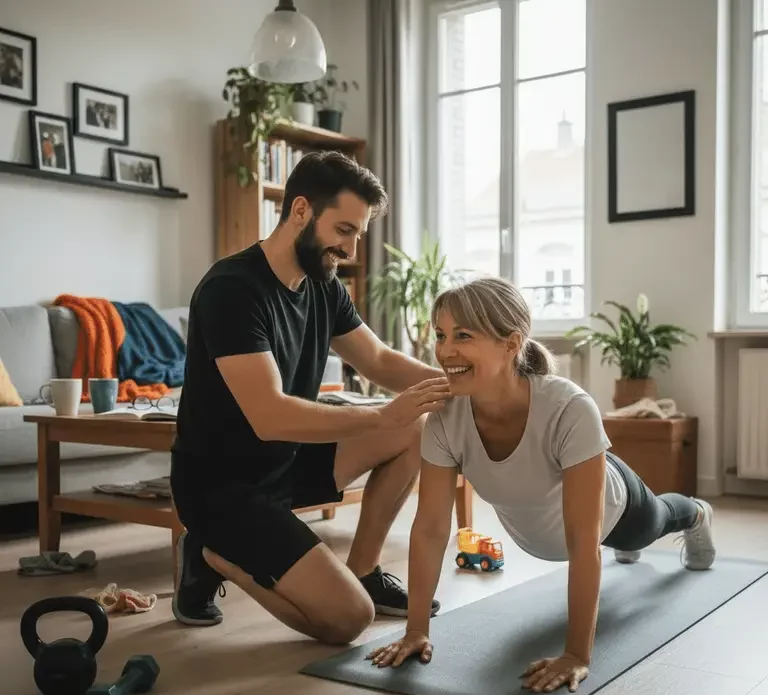 Un coach entraine une maman lors d'un gainage post-partum