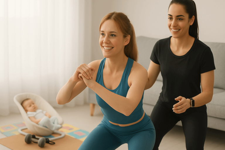 Une coach entraine une maman lors d'un coaching post-partum