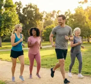 Groupe mixte en séance de course à pied encadrée par un coach, en extérieur dans un parc, ambiance conviviale et dynamique.