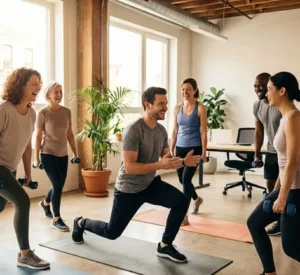 Séance de renforcement musculaire collectif en entreprise avec coach sportif encadrant des salariés dans un espace de travail lumineux