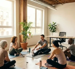 Séance de yoga et pilates en entreprise avec coach sportif, favorisant détente, mobilité et bien-être au travail