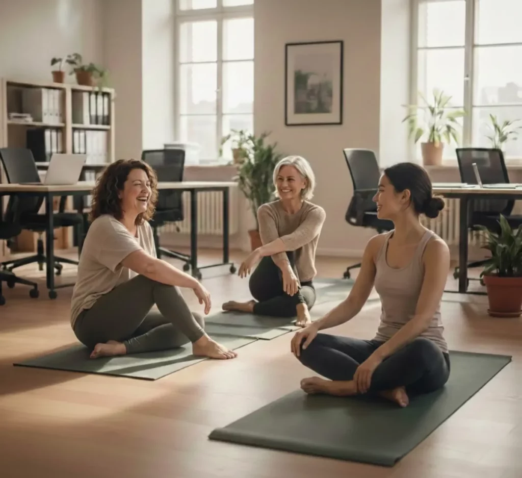 Séance de yoga en entreprise avec trois femmes assises sur des tapis, dans un espace de travail lumineux et végétalisé, ambiance calme et conviviale.