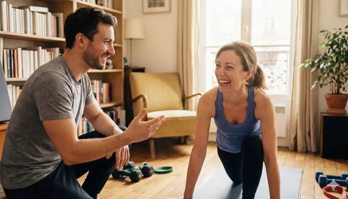 Coach sportif à domicile accompagnant une cliente lors d’une séance personnalisée à la maison
